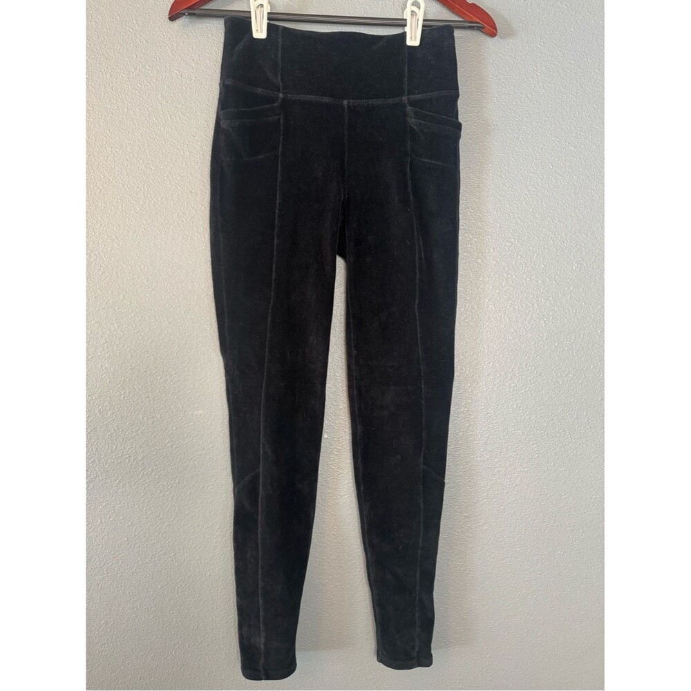 Athleta Black Velour Velvet Leggings Womens Small High Rise Stretch Pocket Pants